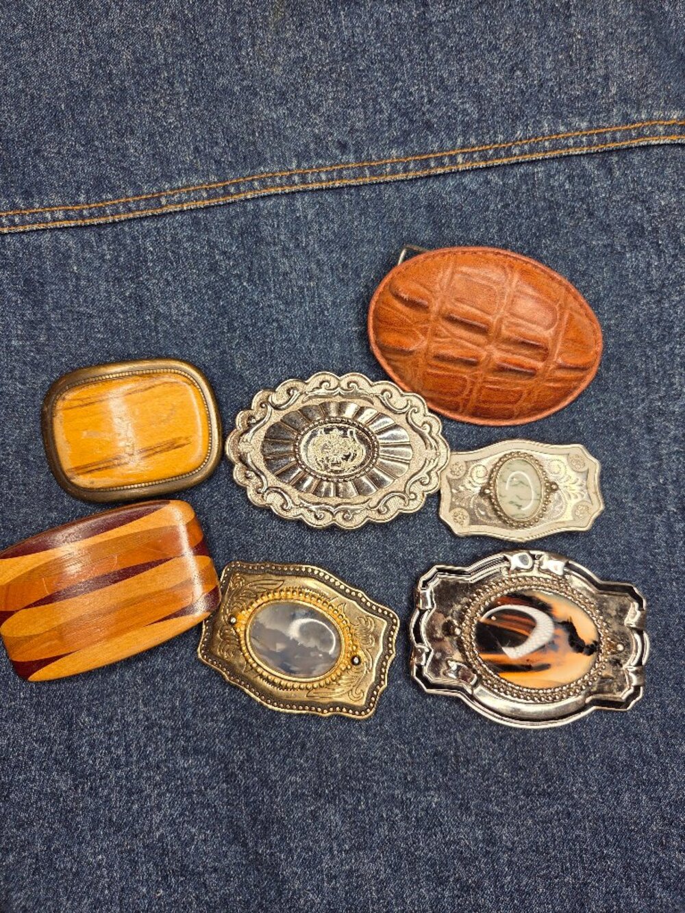 Lot of 7 - Women's Wood, Silver, Leather, and Gem Belt Buckles - Vintage